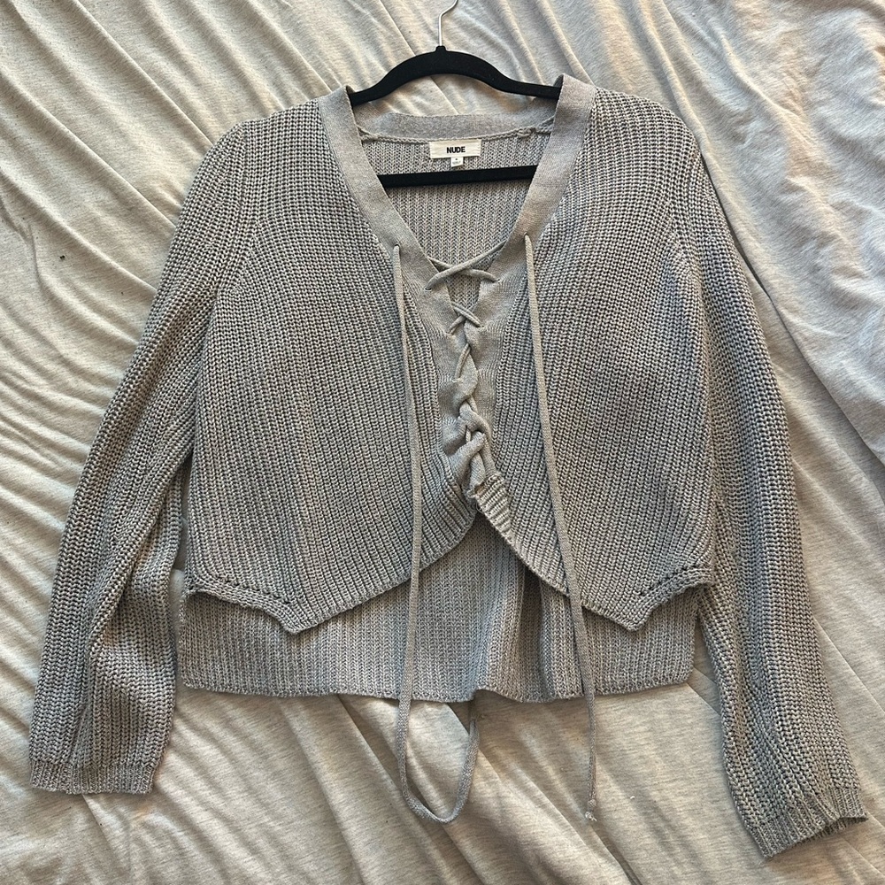 NUDE grey knit sweater with tie-up detailing. Cropped fit! Size Small